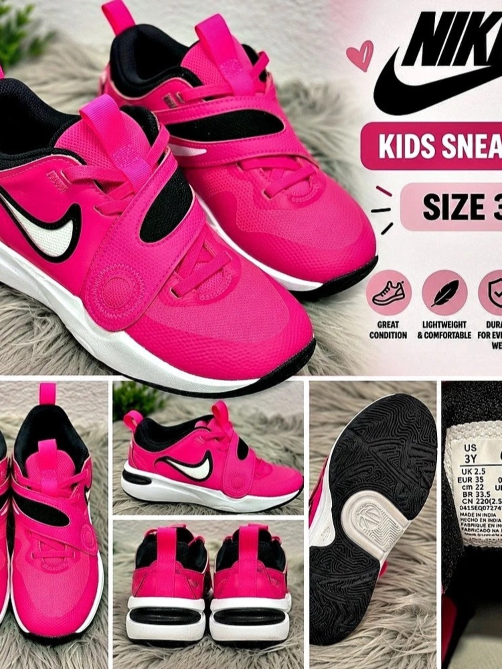 Nike Team Hustle D 11 Kids Sneakers Pink & Black Girls US 3Y